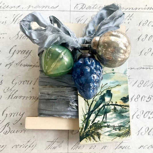 Blue Birds 3pk Ornament, Tag & Ribbon Set