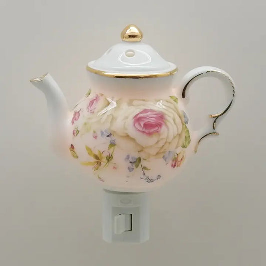 White Roses Teapot - Porcelain Nightlight 24K Gold Trim