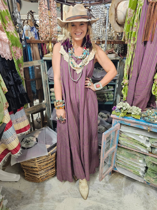 Elegant Purple / Green Stripe Lace Dress O/S - A Rare Bird