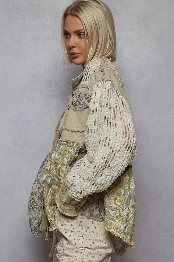Floral Lace & Denim Shacket Powder Grey - POL