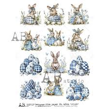 Blue Plaid Bunny 6506 - A4 8.3 x 11.7 Rice Paper by AB Studio