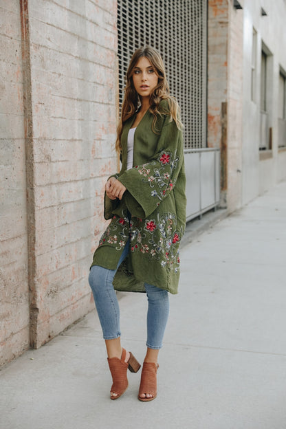 Floral Embroidered Kimono - Olive