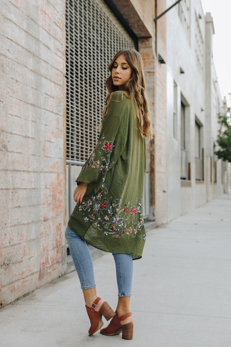 Floral Embroidered Kimono - Olive