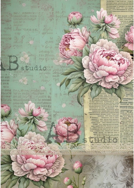 Green Letters & Shab by Chic Roses A1785 - A4 8.3 x 11.7 Rice Paper by AB Studio