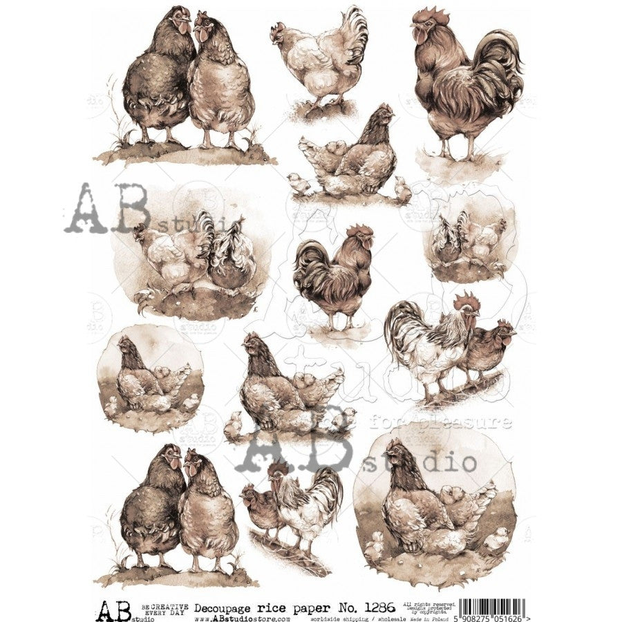 Sepia Hens and Roosters 1286 - A4 8.3 x 11.7 Rice Paper by AB Studio