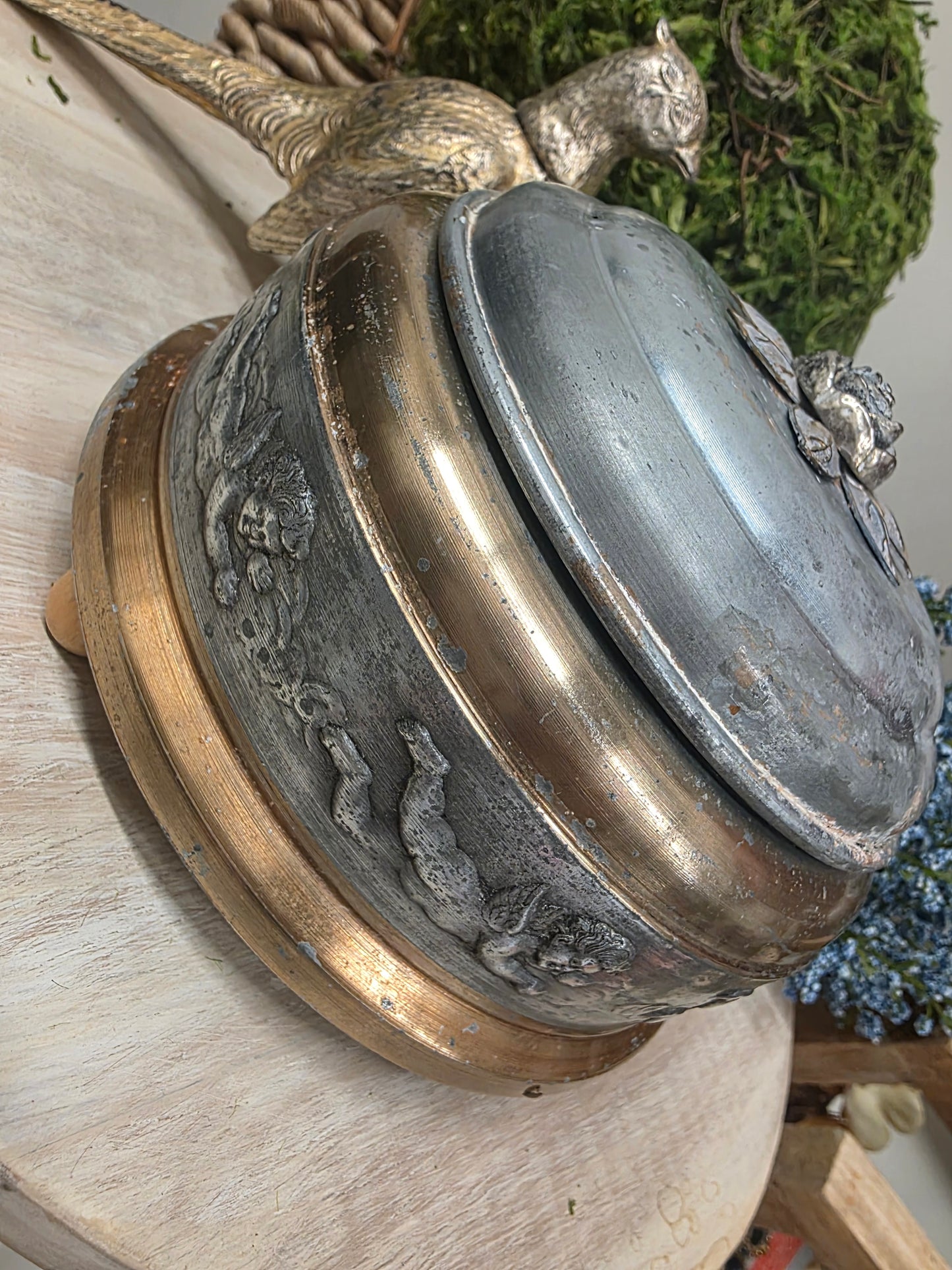 Antique Pewter & Gold Musical Powder Box