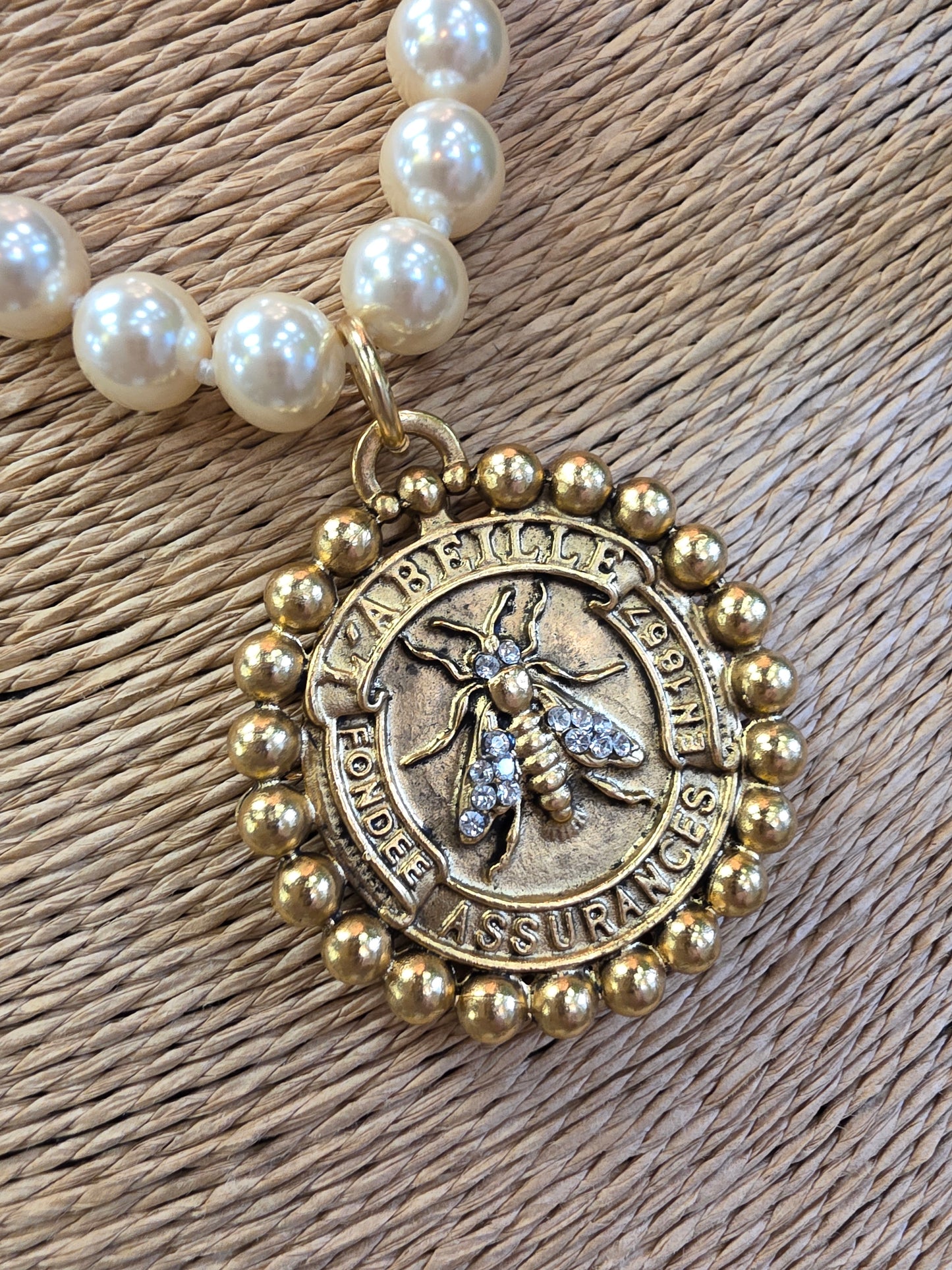 French Crystal Bee Coin, Assurance l' Abeille & Pearl Necklace Style N1630- Yochi NY