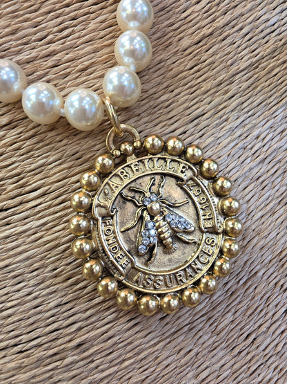 French Crystal Bee Coin, Assurance l' Abeille & Pearl Necklace Style N1630- Yochi NY