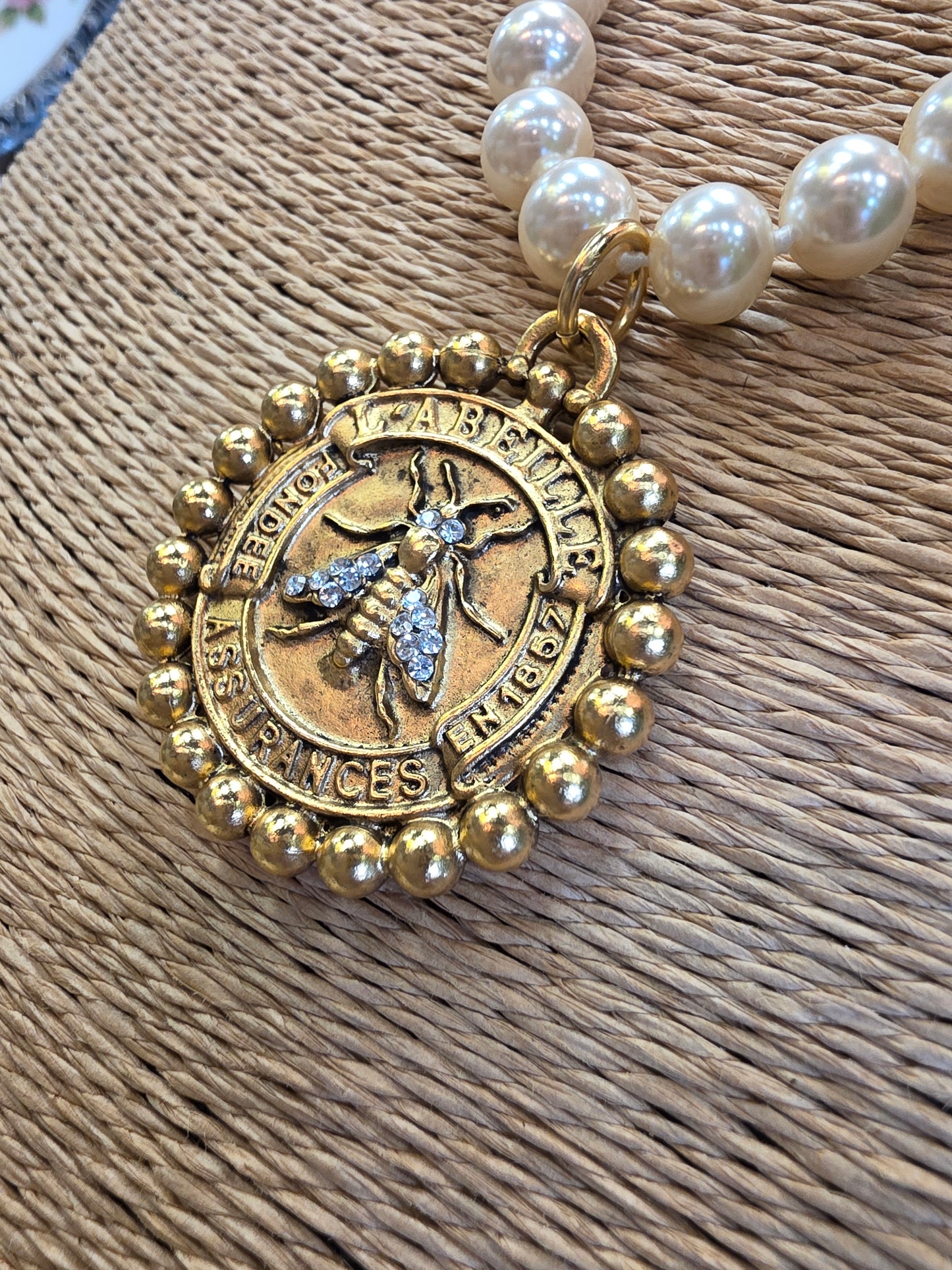 French Crystal Bee Coin, Assurance l' Abeille & Pearl Necklace Style N1630- Yochi NY