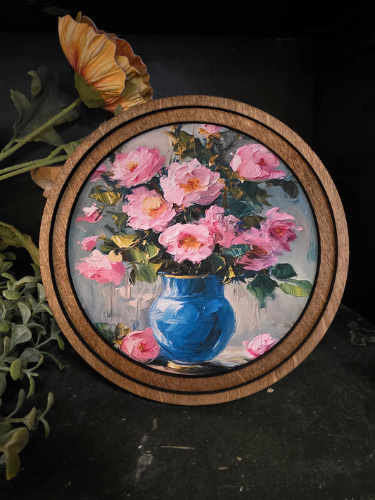 8in Round Vintage Roses Handcrafted Wood Art