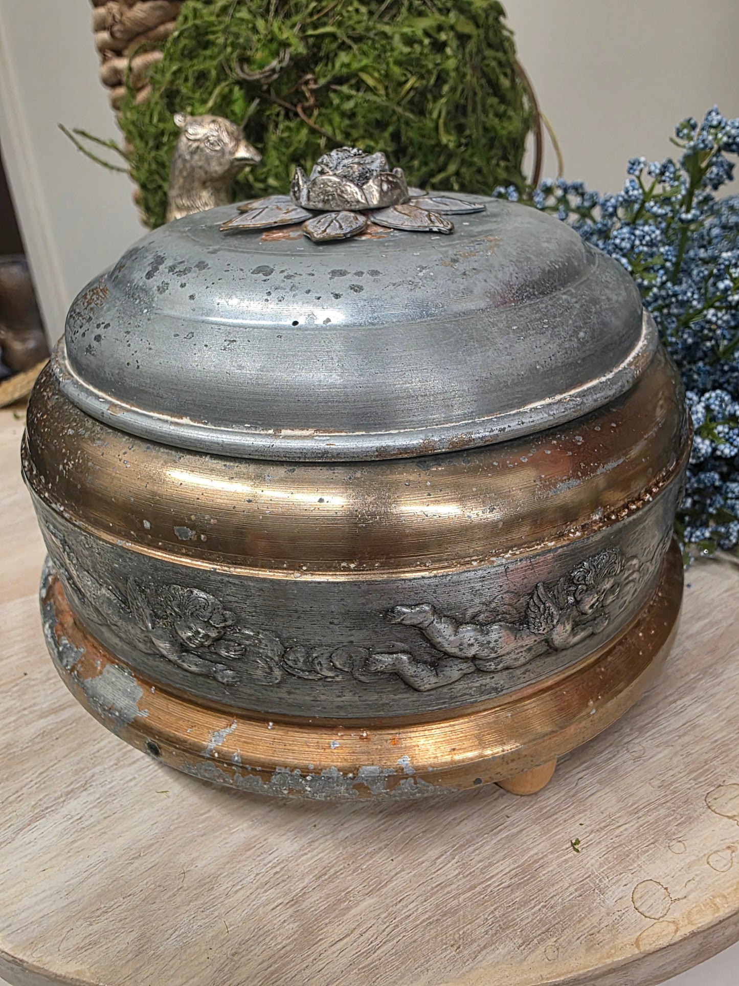 Antique Pewter & Gold Musical Powder Box