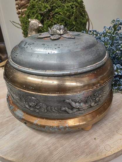 Antique Pewter & Gold Musical Powder Box
