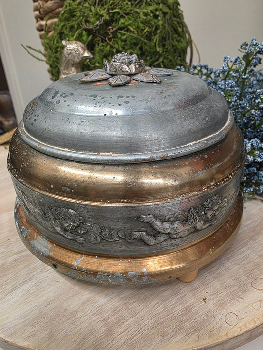 Antique Pewter & Gold Musical Powder Box