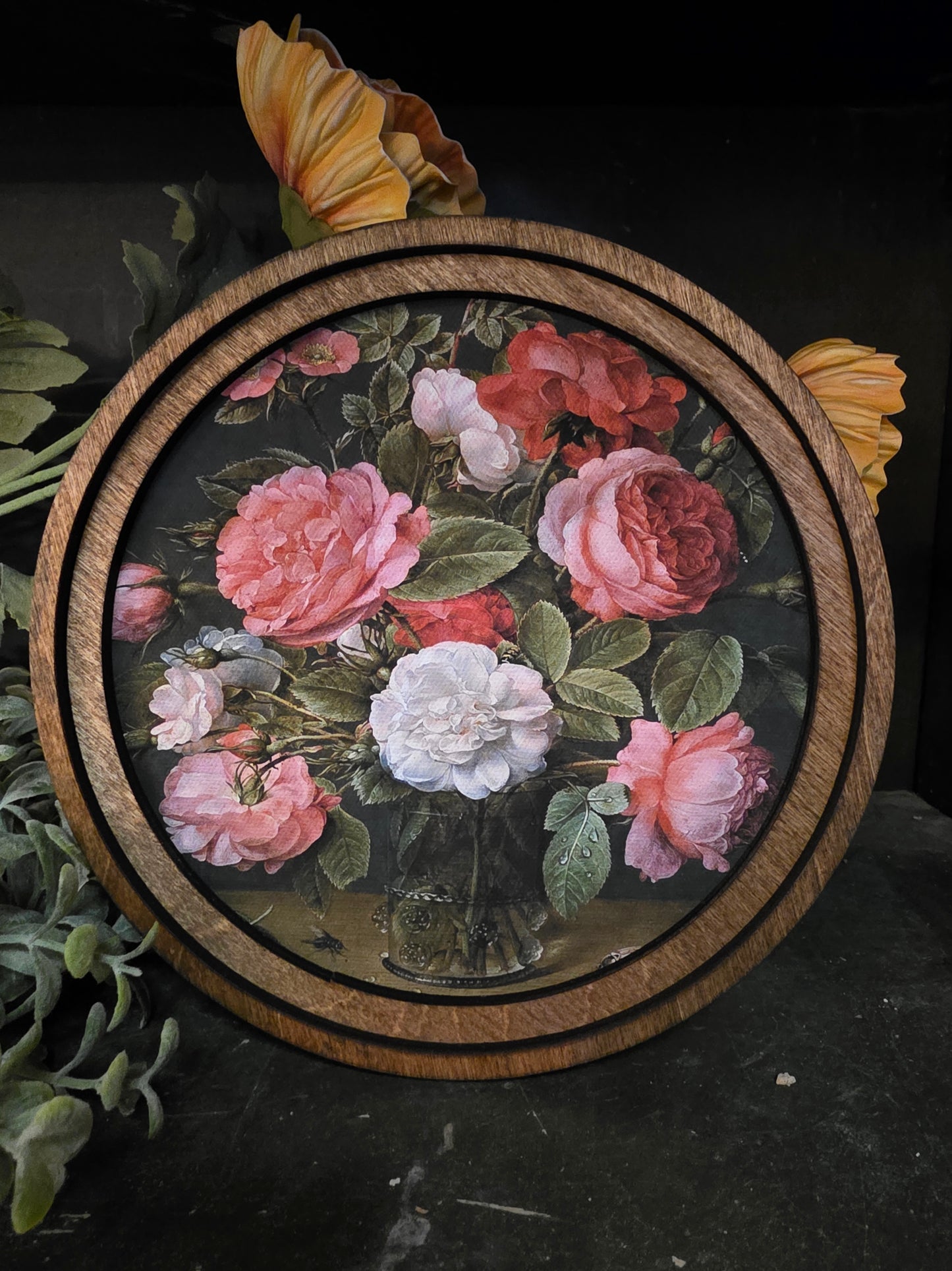 8in Round Pink Roses Handcrafted Wood Art