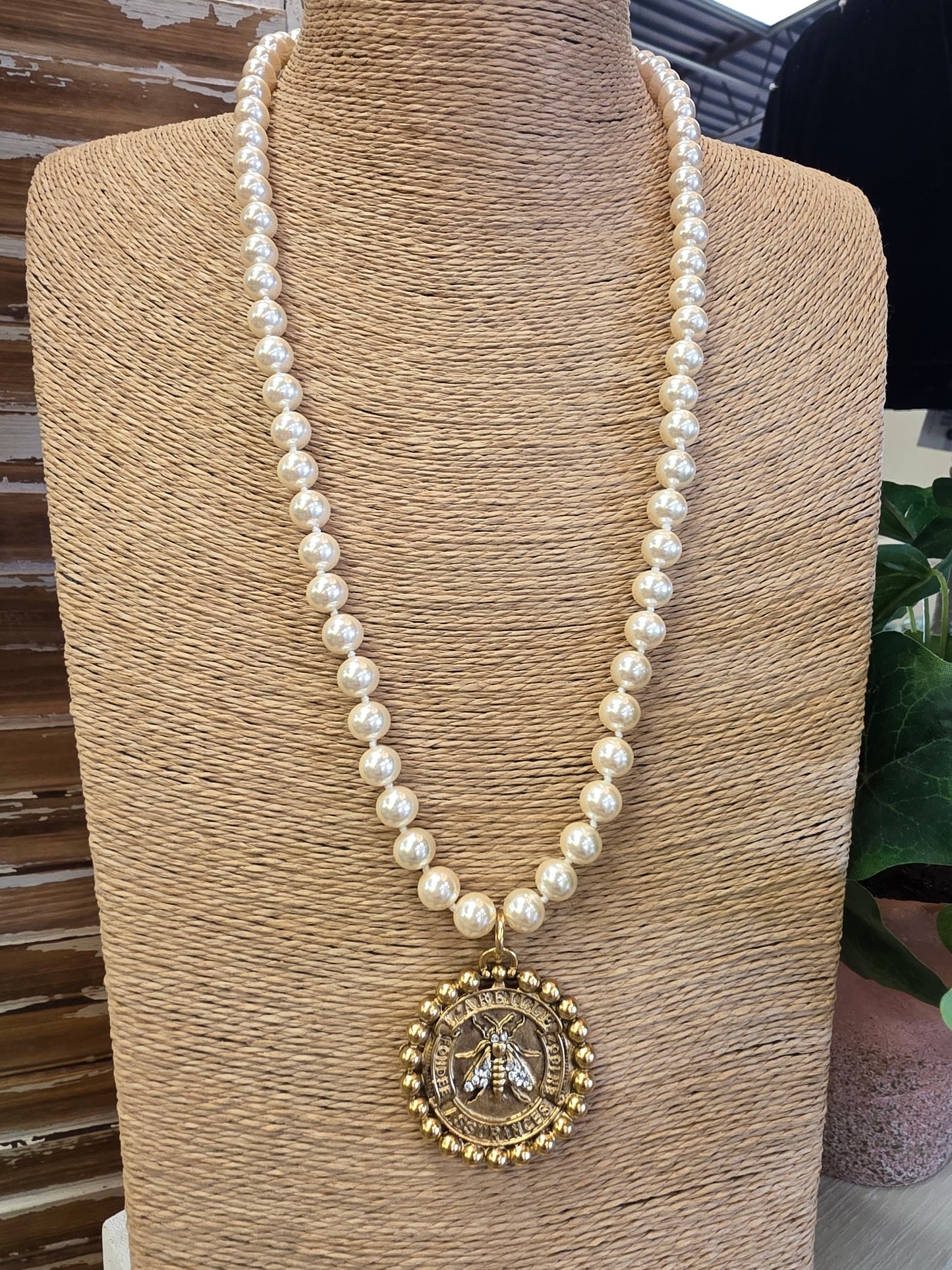 French Crystal Bee Coin, Assurance l' Abeille & Pearl Necklace Style N1630- Yochi NY