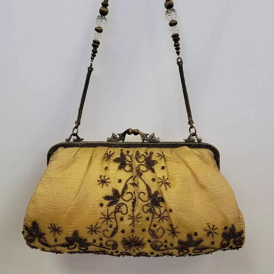 Victorian Vintage Style Purse, Organza, Beaded & Brass Clasp