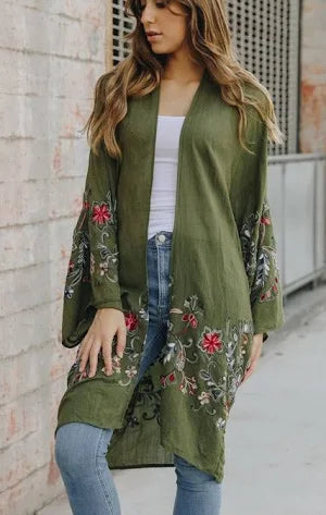 Floral Embroidered Kimono - Olive