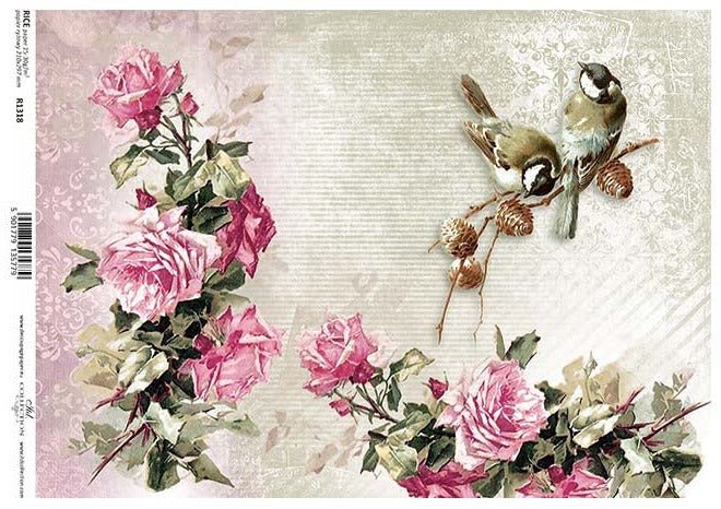 Sparrows and Roses R1318 - A4 8.3 x 11.7 Rice Paper by ITD Collection